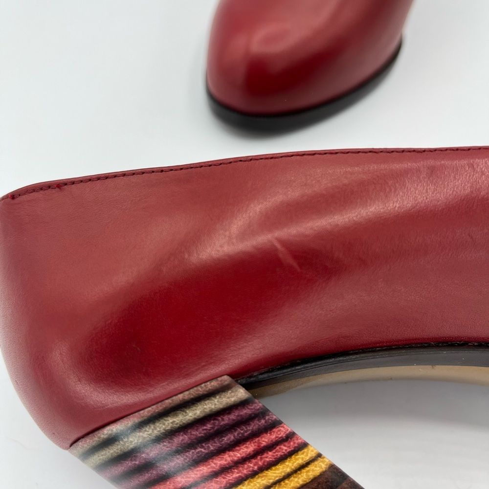NWOT FENDI Oxblood Leather Pumps w Striped Stack Heel - Picture 12 of 16